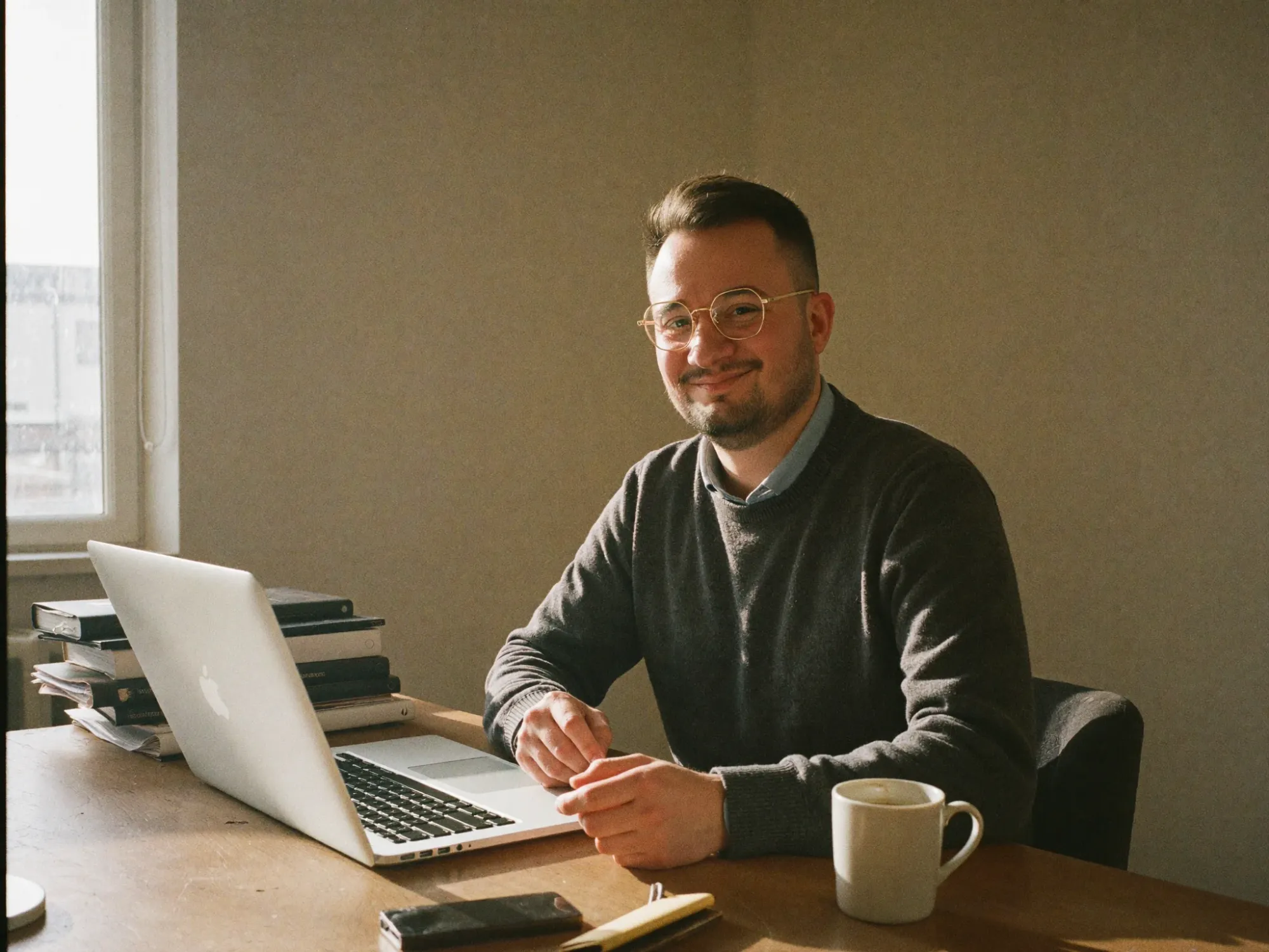 Dominik De Marco am Schreibtisch mit Unterlagen und Kaffee