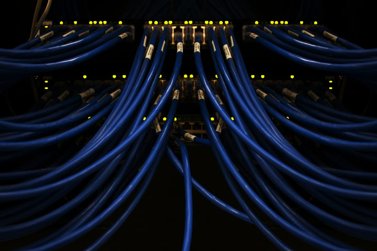 Blaue Netzwerkkabel laufen gebündelt in ein Patchpanel mit leuchtenden Ports