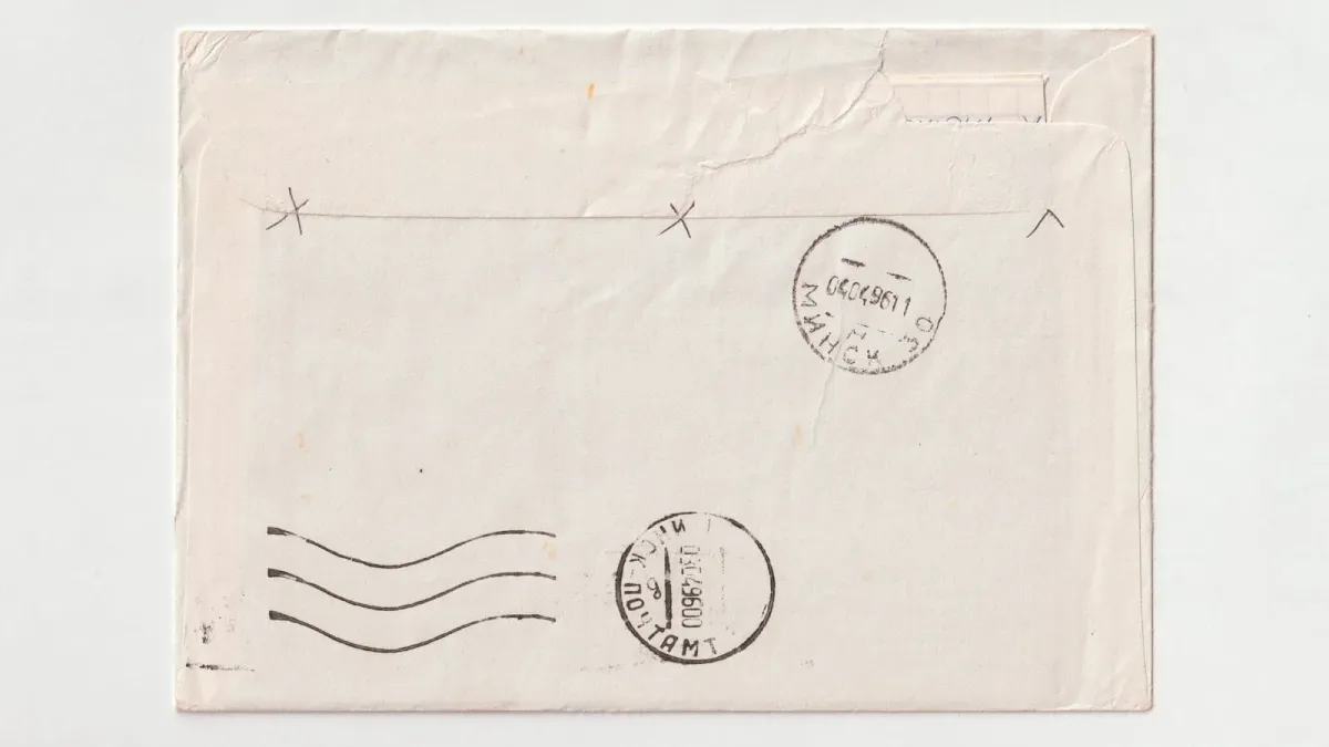 Rückseite eines zugeklebten, zerknitterten Briefumschlags mit zwei runden Poststempeln und Wellenlinien