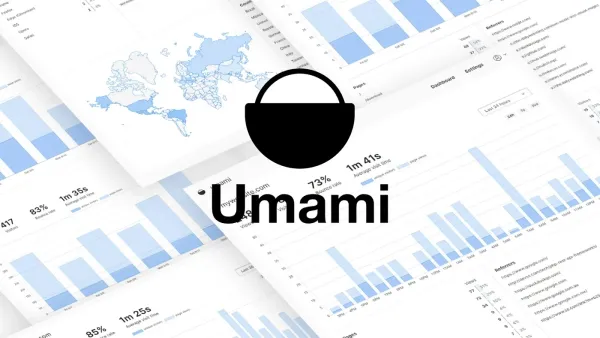 Umami-Logo über Screenshots des Statistik-Dashboards mit blauen Balkendiagrammen, Weltkarte und Besucherzahlen