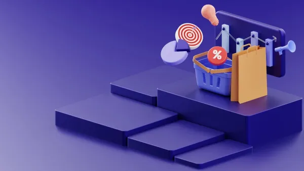 3D-Grafik auf Lila: Einkaufskorb und Papiertüte auf Podesten, darüber Prozentzeichen, Zielscheibe und Diagramme