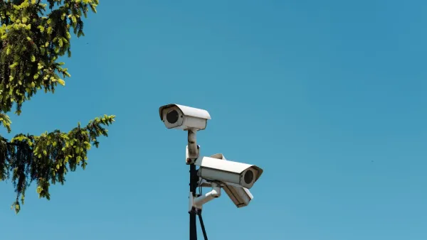 Zwei weiße Überwachungskameras an einem Mast vor blauem Himmel, links ragen Fichtenzweige ins Bild
